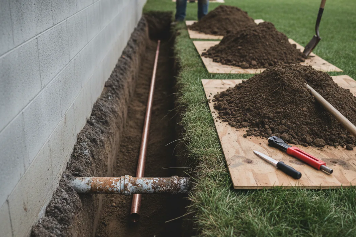 Excavated water line trench during Water Softener Installation in Troutville